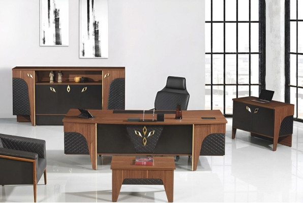 Compleet kantoorbureau kantoortafel set 4-delig hout bruin luxe groot