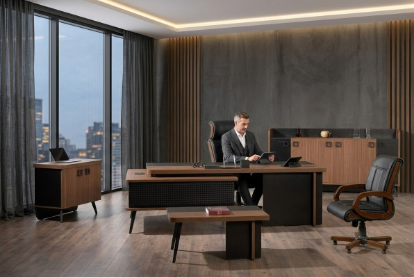 Complete kantoor kantoormeubilair bureau kantoortafel set 4-delig hout bruin