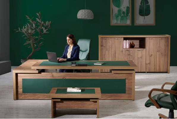 Compleet kantoor hoekbureau bureau set 3-delig hout bruin luxe groot