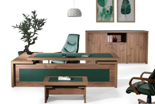 Compleet kantoor hoekbureau bureau set 3-delig hout bruin luxe groot