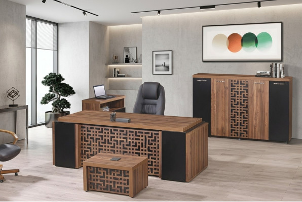 Complete kantoor kantoormeubelen bureau kantoor bureau set 4-delig hout bruin