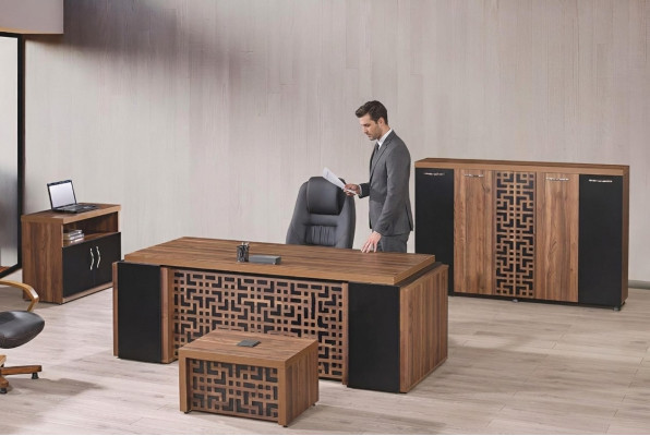 Werkkamermeubilair kantoor bureau bureautafel set 4-delig hout bruin