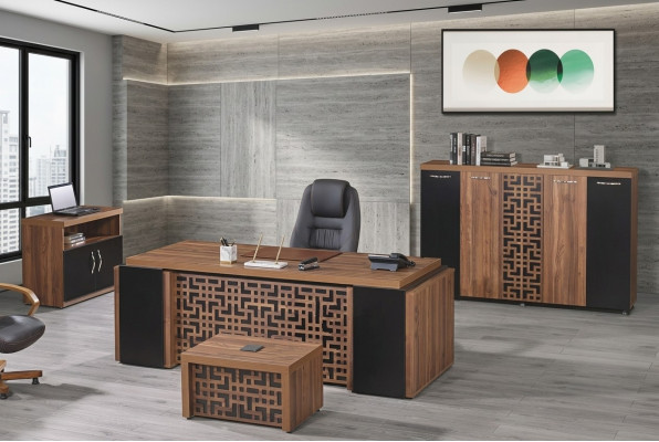 Werkkamermeubilair kantoor bureau bureautafel set 4-delig hout bruin