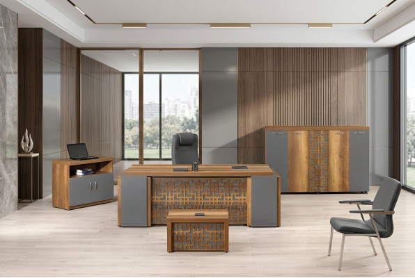 Compleet kantoor kantoormeubilair bureau kantoortafel set 4-delig hout bruin