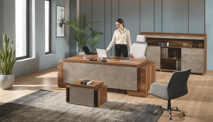 Kantoormeubelen Hoekbureautafel Compleet kantoor Bureautafel Set 3-delig Hout Bruin