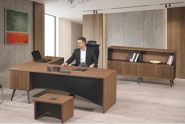 Werkkamermeubilair Hoekbureautafel Complete 3-delige Houten Bruine kantoormeubilair