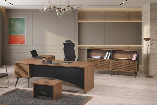 Werkkamermeubilair Hoekbureautafel Complete 3-delige Houten Bruine kantoormeubilair