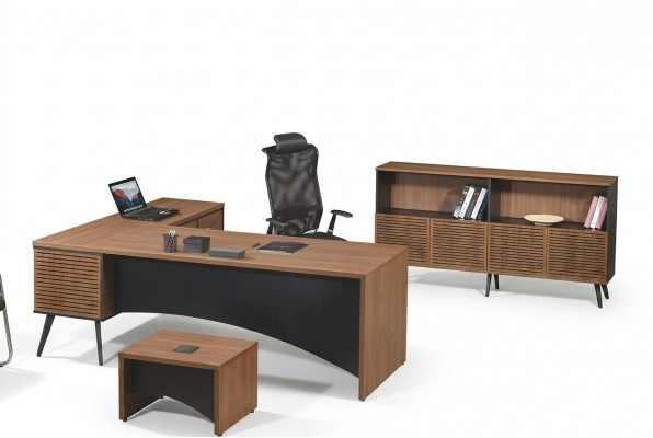Werkkamermeubilair Hoekbureautafel Complete 3-delige Houten Bruine kantoormeubilair
