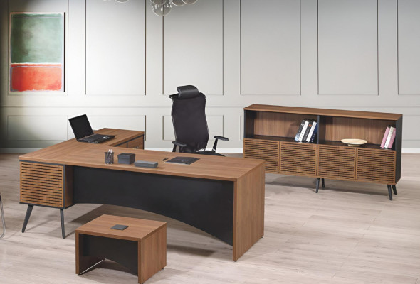 Volledige kantoormeubelen hoekbureautafel 3-delig Hout Bruin Kantoor meubilair