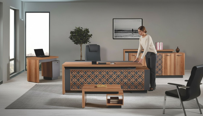 Kantoortafel Kantoor meubilair Compleet kantoor bureau set 4-delig Hout Bruin Büro.