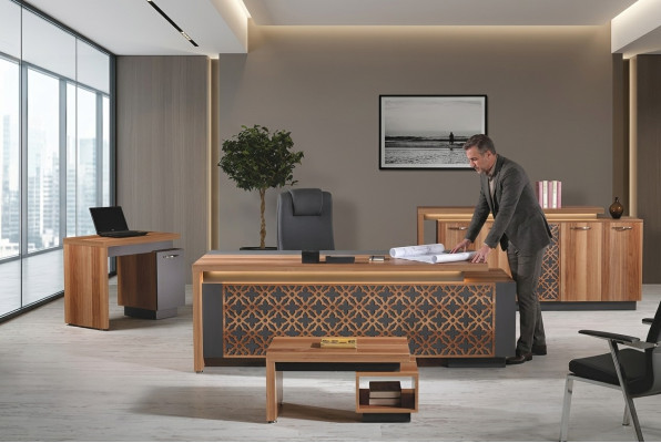 Compleet kantoor kantoortafel kantoormeubilair bureau set 4-delig hout bruin kantoor