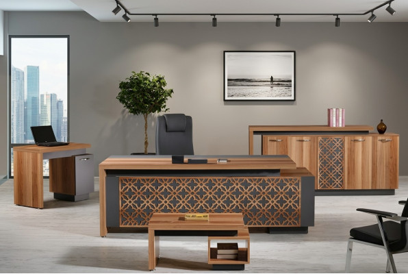 Compleet kantoor kantoortafel kantoormeubilair bureau set 4-delig hout bruin kantoor