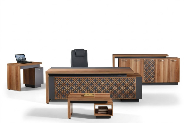 Compleet kantoor kantoortafel kantoormeubilair bureau set 4-delig hout bruin kantoor
