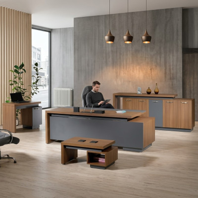 Compleet kantoor kantoormeubelen bureau bureautafel set 4-delig hout bruin