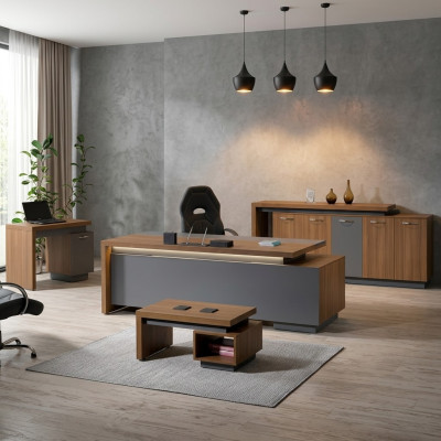 Compleet kantoor kantoormeubelen bureau bureautafel set 4-delig hout bruin