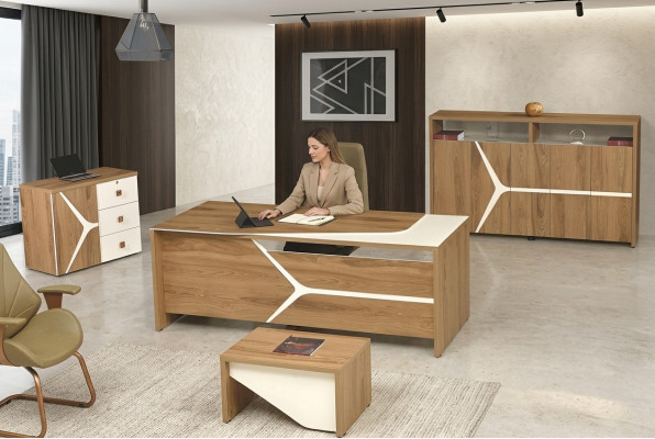 Modern compleet kantoorkantoor bureau bureautafel set 4-delig hout bruin