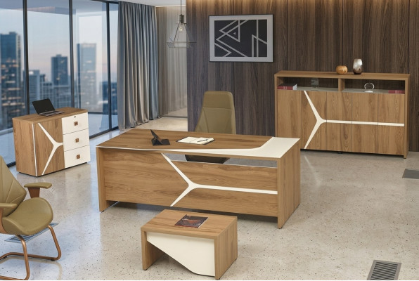 Modern compleet kantoorkantoor bureau bureautafel set 4-delig hout bruin