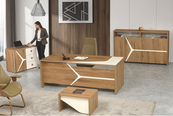 Compleet kantoor bureau kantoortafel set 4-delig hout bruin modern