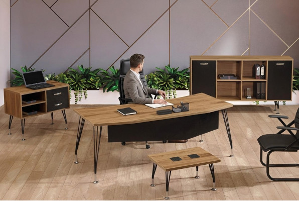 Bureau Bureau meubels Compleet kantoor bureau set 4-delig Hout Zwart