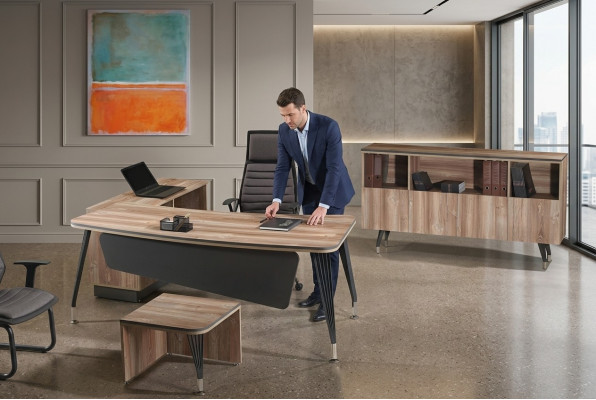 Set van bureauhoektafel en bureau 3-delige houten kantoormeubelset bruin