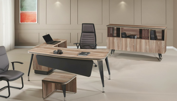 Set van bureauhoektafel en bureau 3-delige houten kantoormeubelset bruin