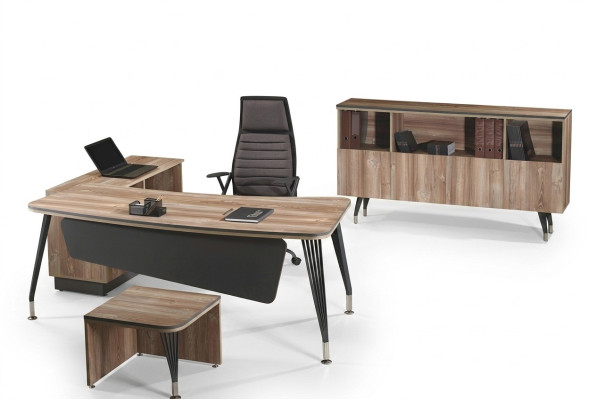 Set van bureauhoektafel en bureau 3-delige houten kantoormeubelset bruin