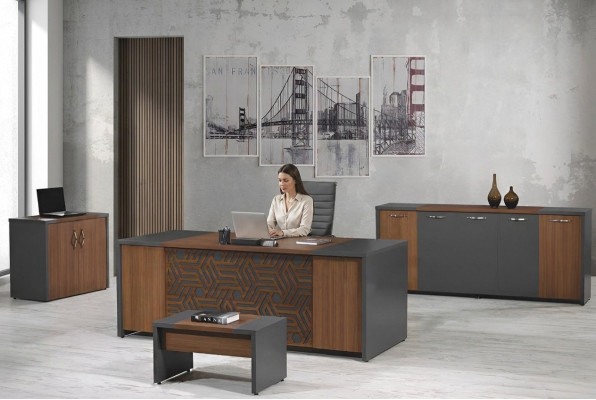 Compleet kantoor bureau kantoormeubilair bureau set 4-delig hout bruin kantoor.