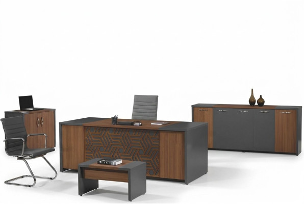 Compleet kantoor bureau kantoormeubilair bureau set 4-delig hout bruin kantoor.