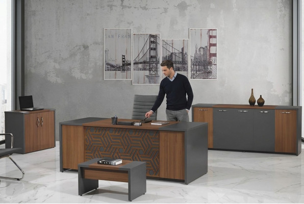 Bureautafel Kantoorinrichting Complete kantoor Schrijftafel set 4-delig Hout Bruin Kantoor