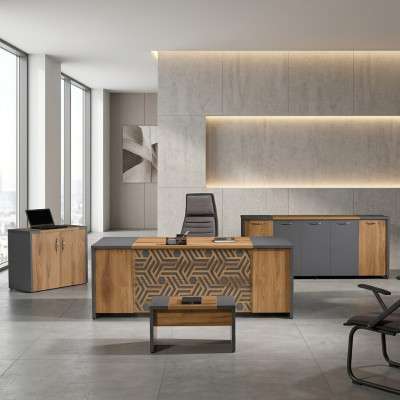 Compleet kantoor Kantoormeubelen Bureau Kantoor Tafel Set 4-delig Hout Bruin.