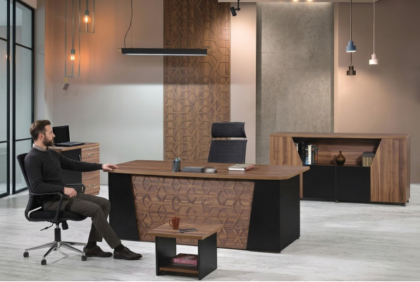 Bureautafel Complete kantoor Kantoorbureau 4-delige houten bruine kantoormeubelset.