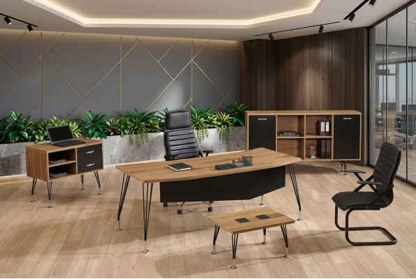 Compleet kantoor Kantoorbureau Kantoor meubilair Bureau set 4-delig Hout Zwart