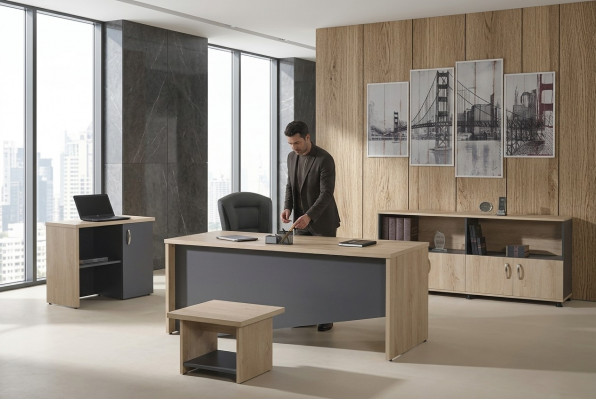 Compleet kantoor, kantoormeubilair, bureau, kantoortafel set 4-delig hout grijs