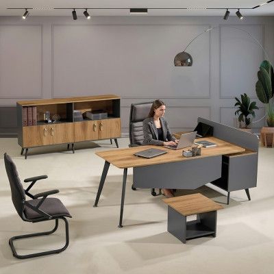 Eckbureautafel Moderne thuiskantoormeubelen Bruin Kantoor 3-delige houten set groep
