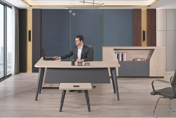 Kantoormeubilair Hoekbureau Werktafel Compleet kantoor 3-delig Houten set Grijs