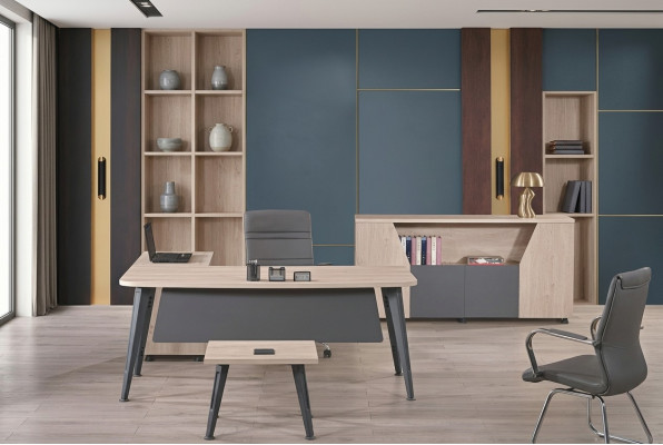 Kantoormeubilair Hoekbureau Werktafel Compleet kantoor 3-delig Houten set Grijs