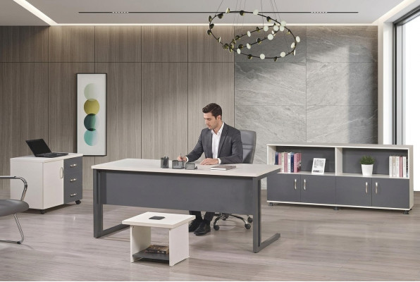 Computermöbel Werktafel Kantoorinrichting Bureau 4-delig Hout Set Grijs