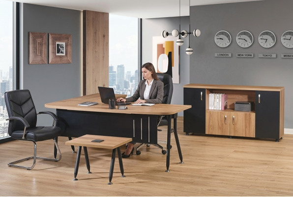 Kantoorcomputermateriaal, werktafel, kantoormeubilair, tafel 3-delige houten set zwart
