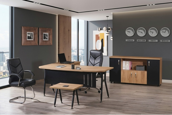 Kantoorcomputermateriaal, werktafel, kantoormeubilair, tafel 3-delige houten set zwart