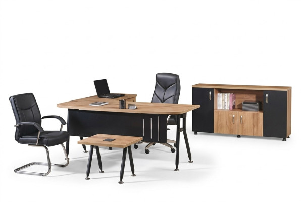 Kantoorcomputermateriaal, werktafel, kantoormeubilair, tafel 3-delige houten set zwart