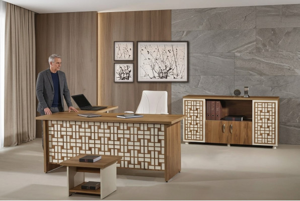 Groep kantoormeubelen Hoekbureau Bureaukamermeubels Kast 3-delig Hout Bruin