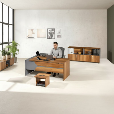 Kantoor meubilair Grijs Set 3-delig Hoekbureau Compleet kantoor Kast Hout Groep