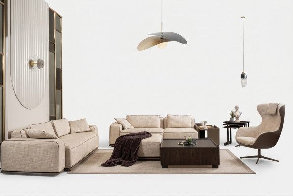 Luxe bankstel driedelige bank stoffen bank beige gestoffeerde bank fauteuil