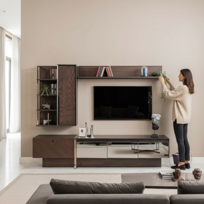 Wandmeubel TV-standaard Planken RTV Lowboard Dressoir Bruin Houten Kast