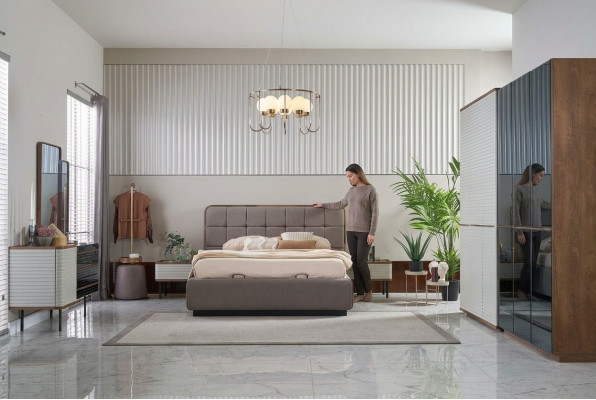 Luxe tweepersoonsbed compleet slaapkamer bedset 7-delig bedframe bruin