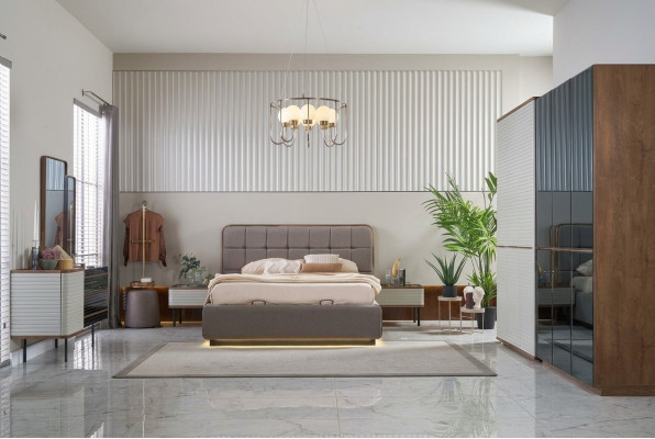 Garnituur Slaapkamer Bed Set 5-delig Tweepersoonsbed Bruin Hout Bedframe