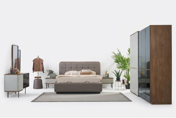 Garnituur Slaapkamer Bed Set 5-delig Tweepersoonsbed Bruin Hout Bedframe