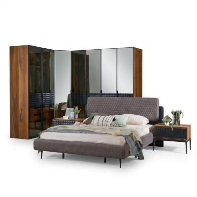 Luxe slaapkamer tweepersoonsbed bruin houten bedframe set 4-delig ontwerp