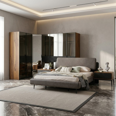 Bed design slaapkamer tweepersoonsbed Bruin hout Bedframe Set 4-delig