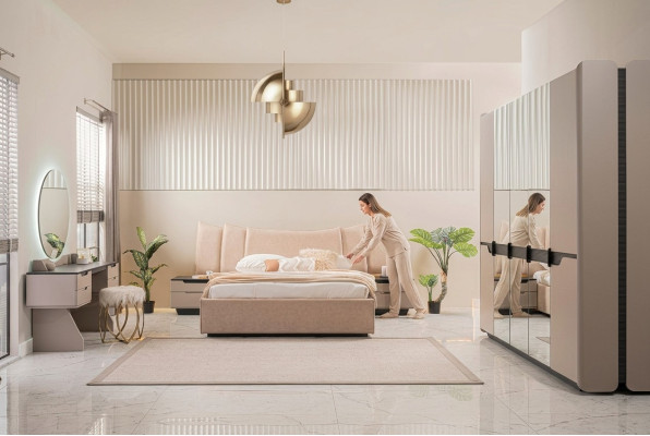 Compleet slaapkamer tweepersoonsbed modern beige bedset 6-delig kast
